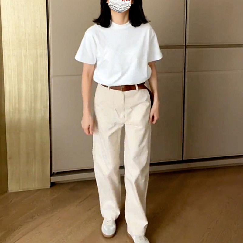 白色纯棉圆领打底衫女休闲裤套装