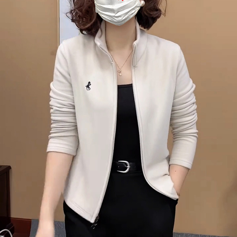 立领刺绣双拉链德绒开衫卫衣女