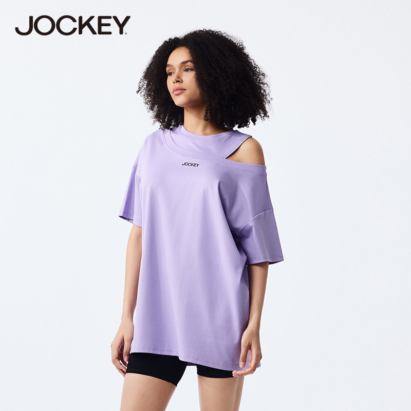 jockey女士短袖T恤棉透气露肩时尚下衣失踪休闲运动宽松上衣