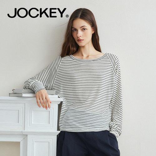 jockey2026秋季新款莱赛尔绵羊毛女士打底衫条纹T恤休闲百搭上衣