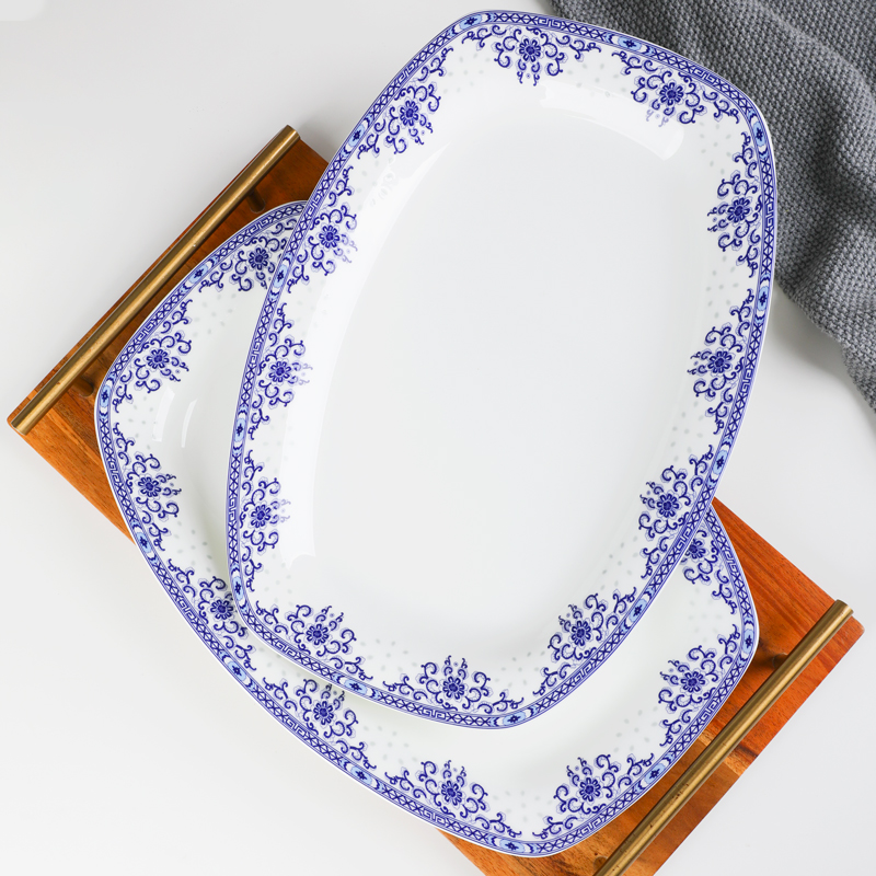 家用中式骨瓷蒸鱼盘子碟子菜盘长方形装鱼盘陶瓷高温釉下彩餐具