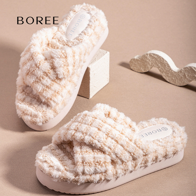 宝人毛毛拖鞋女外穿松糕厚底5cm增高2025新款秋冬加绒保暖棉拖鞋