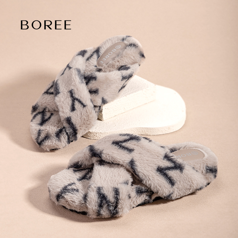 宝人毛毛拖鞋女外穿网红交叉时尚款厚底增高2024新款秋冬居家棉鞋