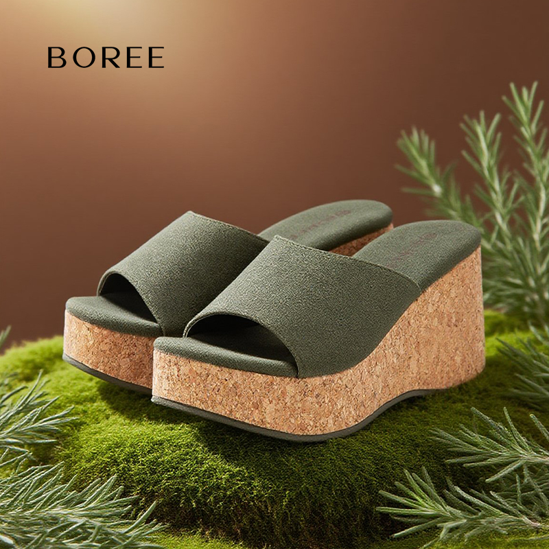 Boree/宝人厚底增高凉拖鞋女外穿反绒皮超高跟坡跟夏季新款一字拖