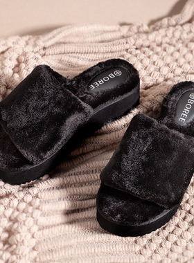 宝人毛毛拖鞋女外穿黑色百搭松糕厚底增高居家棉拖2024秋冬季新款