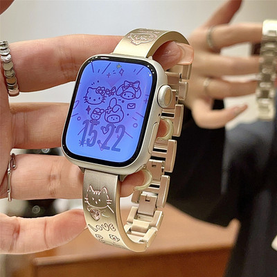 适用iwatch10苹果手表applewatchs10表带s9爱心猫咪s8新款s7镶嵌手镯款ultra2不锈钢45se网红女款s6闺蜜小众