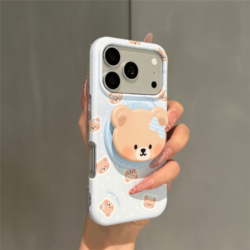 日韩卡通可爱twoi小熊磁吸支架适用苹果18promax手机壳iphone17pro新款16pro网红超火15pro创意17防摔保护套
