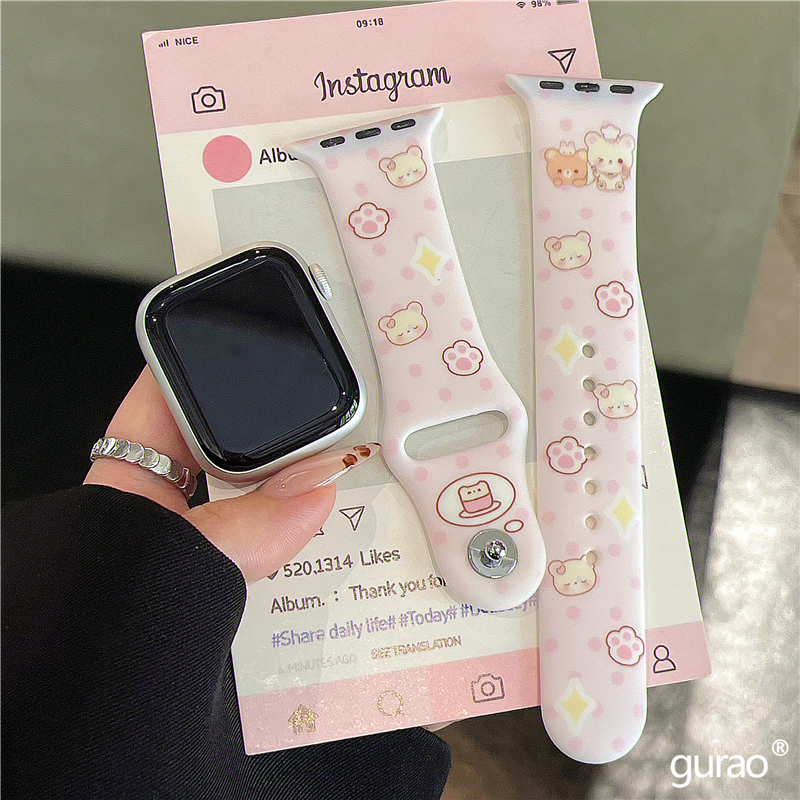 少女粉波点卡通轻松熊适用iwatchs10硅胶苹果手表applewatch10表带s9/s8新款s7小众ultra2磨砂45se女款s6网红