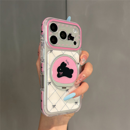韩系格纹卡通兔子360旋转翻盖支架适用苹果17promax手机壳iphone17pro新款16pro补妆镜面15pro全包防摔保护套