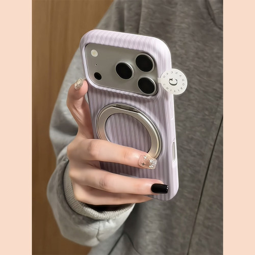 小众ins简约紫色条纹360旋转支架适用苹果18promax手机壳iphone17pro新款16pro磨砂硬壳15pro创意防摔保护套