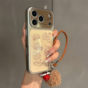 简约ins风线条烘焙面包插画适用苹果17promax手机壳iPhone17pro电镀滴胶16pro女新款15手拎挂绳14防摔保护套
