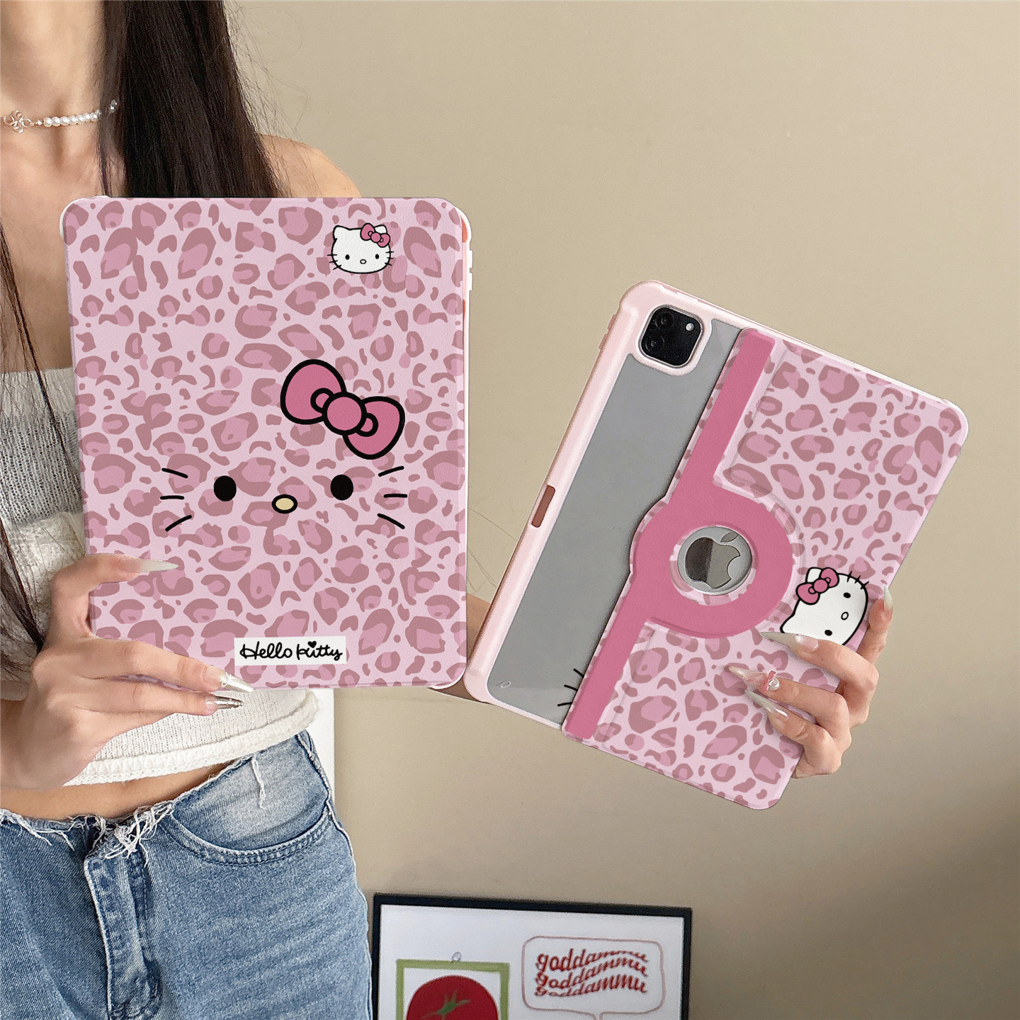 粉豹纹kt猫表情360度旋转适用ipad11保护套磁吸air7/6新款ipad10带笔槽11寸防摔可拆卸苹果平板保护套mini7女