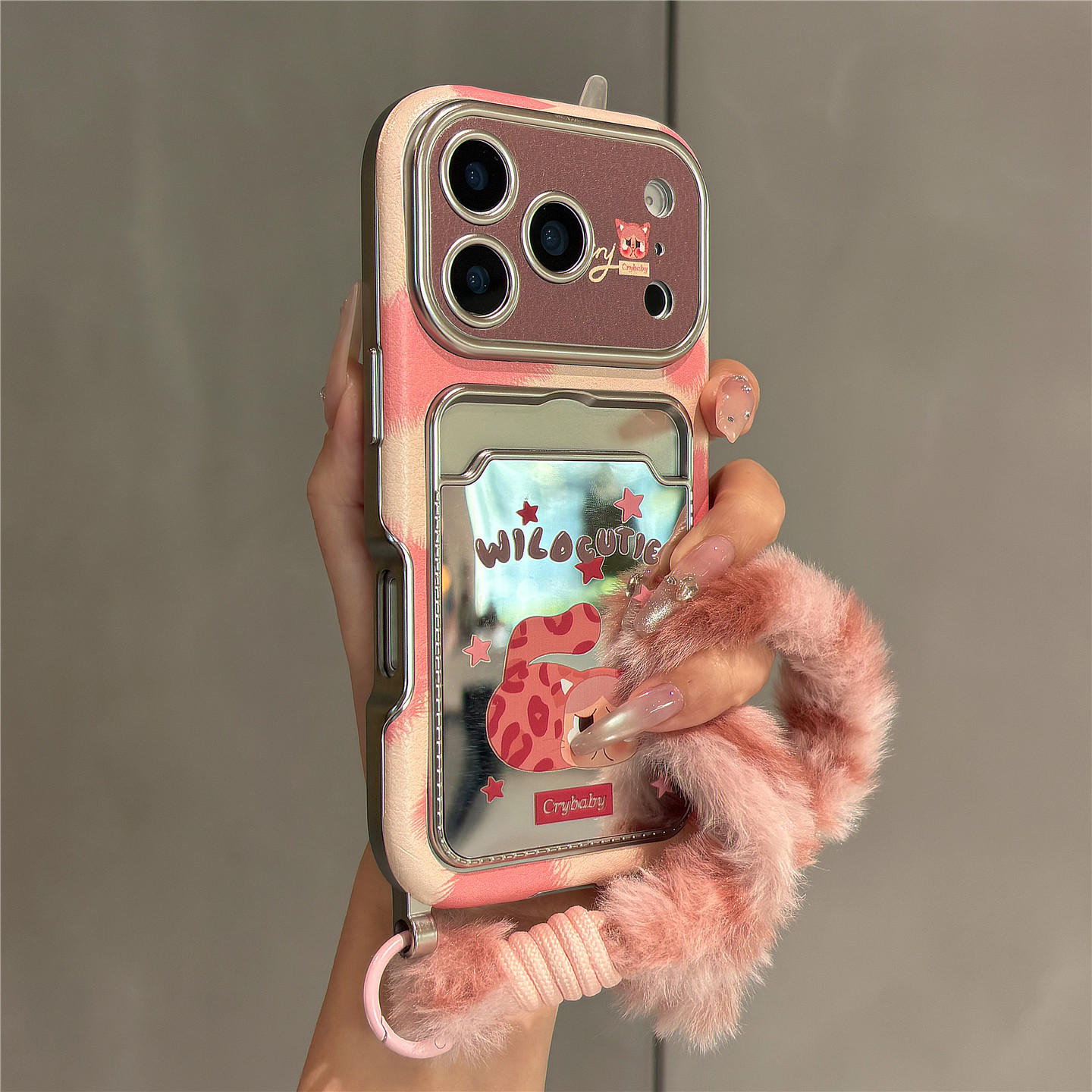 超火卡通豹纹哭娃镜面卡包插卡适用苹果17promax手机壳iPh