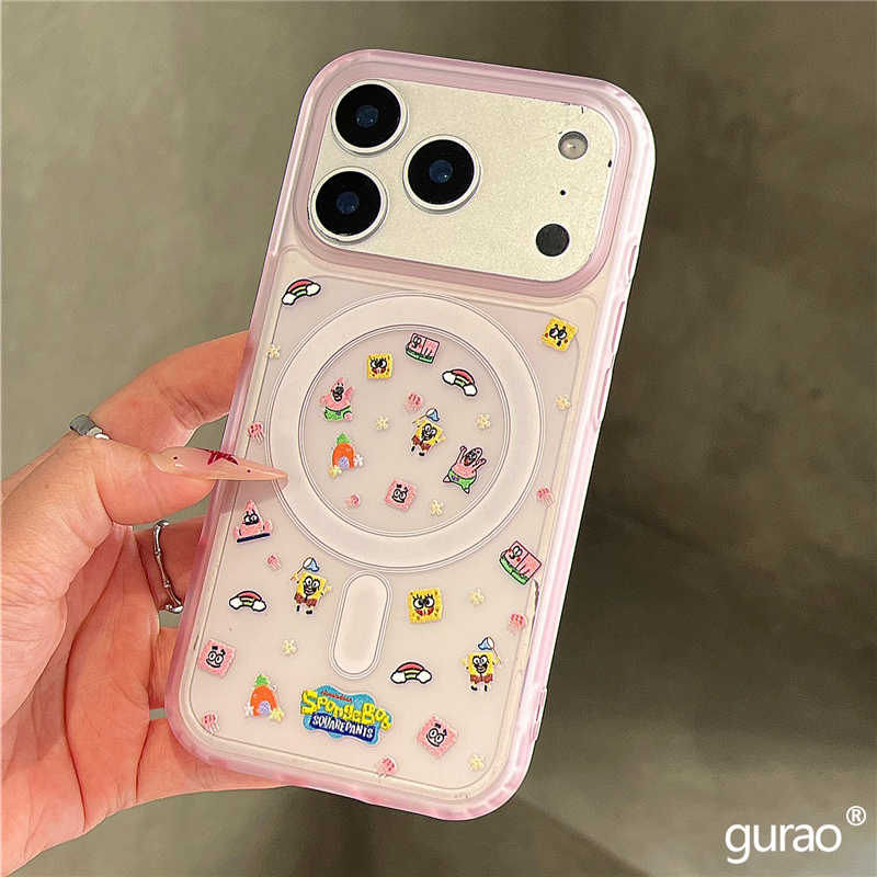 卡通DIY可爱海绵宝宝贴纸适用苹果17promax手机壳磁吸iphone16女新款15磨砂肤感17pro防摔16pro保护套14网红