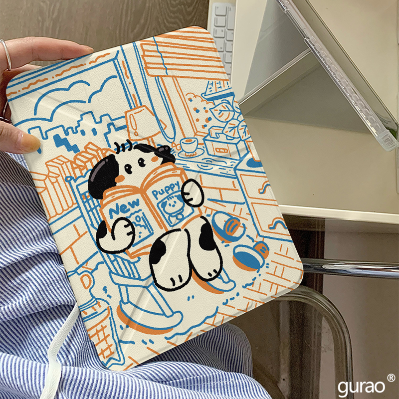 小众抽象线条看书小狗Y+三折适用ipad11保护套air7/6新款ipad10笔槽11寸防摔10.2/10.9苹果平板保护套mini7女