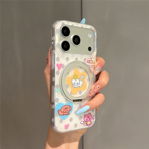 韩系ins卡通波点动物360旋转支架适用苹果17promax手机壳iphone17pro新款16pro网红超火15pro双层防摔保护套