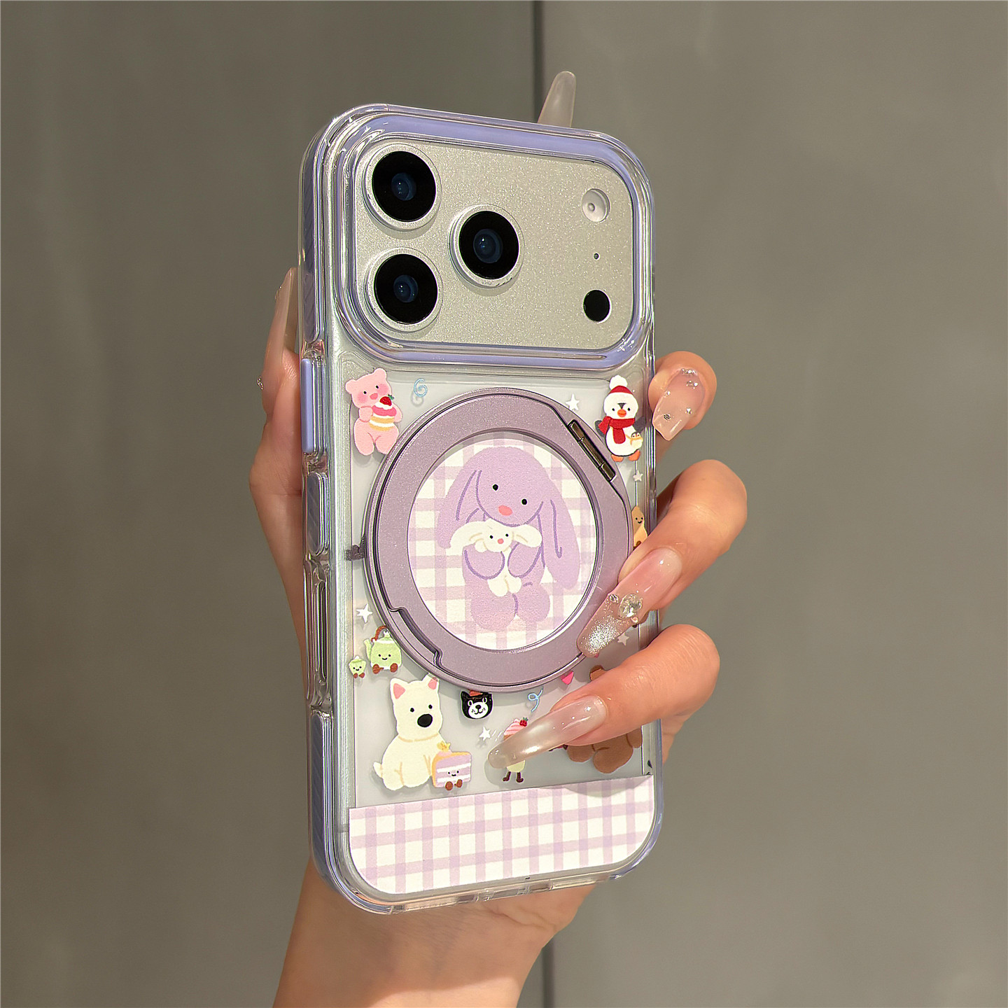 早春紫格纹jellycat长耳兔折叠旋转支架适用苹果17promax手机壳iPhone17pro透明壳16pro女新款15防摔14保护套,3C数码配件,手机保护套/壳,淘宝优惠券,粉丝福利购,淘宝优惠卷