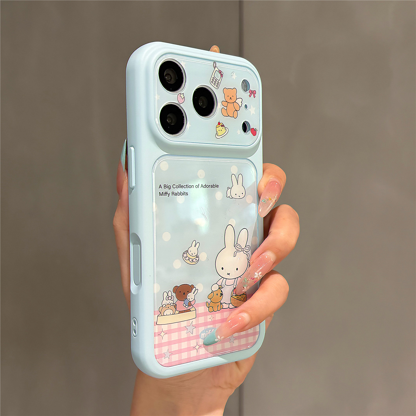日韩婴儿蓝卡通可爱粉格纹米菲兔适用苹果17promax手机壳iPhone17pro女新款16pro秒变大视窗15防摔保护套全包