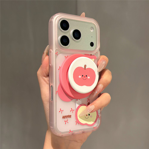少女透粉卡通苹果笑脸磁吸支架适用苹果17promax手机壳iphone16女新款15磨砂肤感17pro防摔16pro保护套14网红