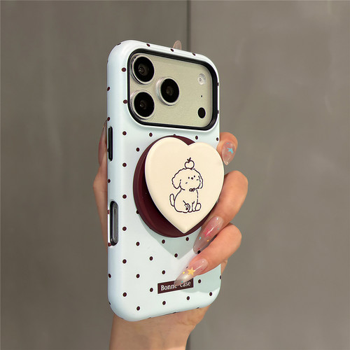 超可爱卡通波点线条小狗磁吸支架适用苹果17promax手机壳iPhone17pro女新款16pro菲林壳15防摔14保护套二合一