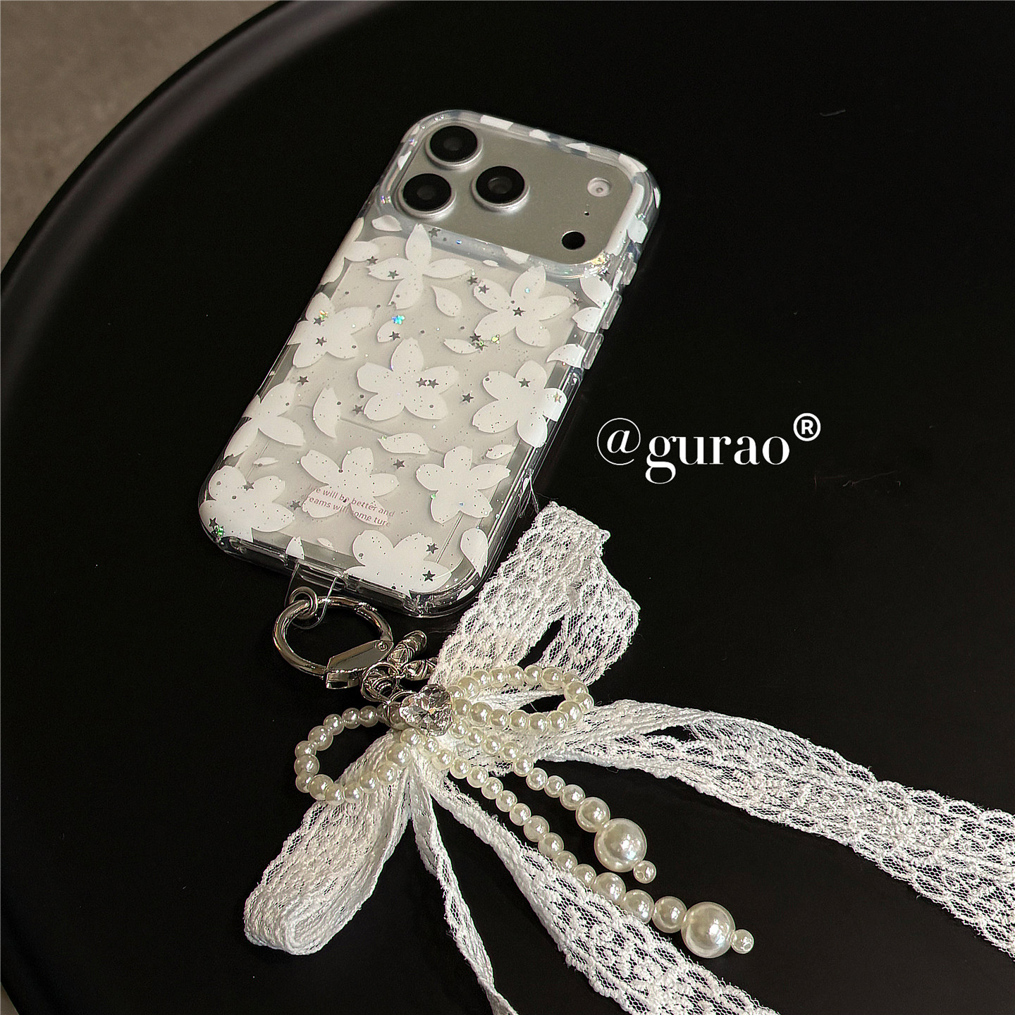 梦幻超仙纯白亮片花朵带蕾丝挂件适用苹果17promax手机壳iP