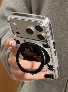 卡通可爱黑色kitty猫旋转磁吸支架适用苹果17promax手机壳iphone16女新款17pro透明16pro全包防摔15pro保护套