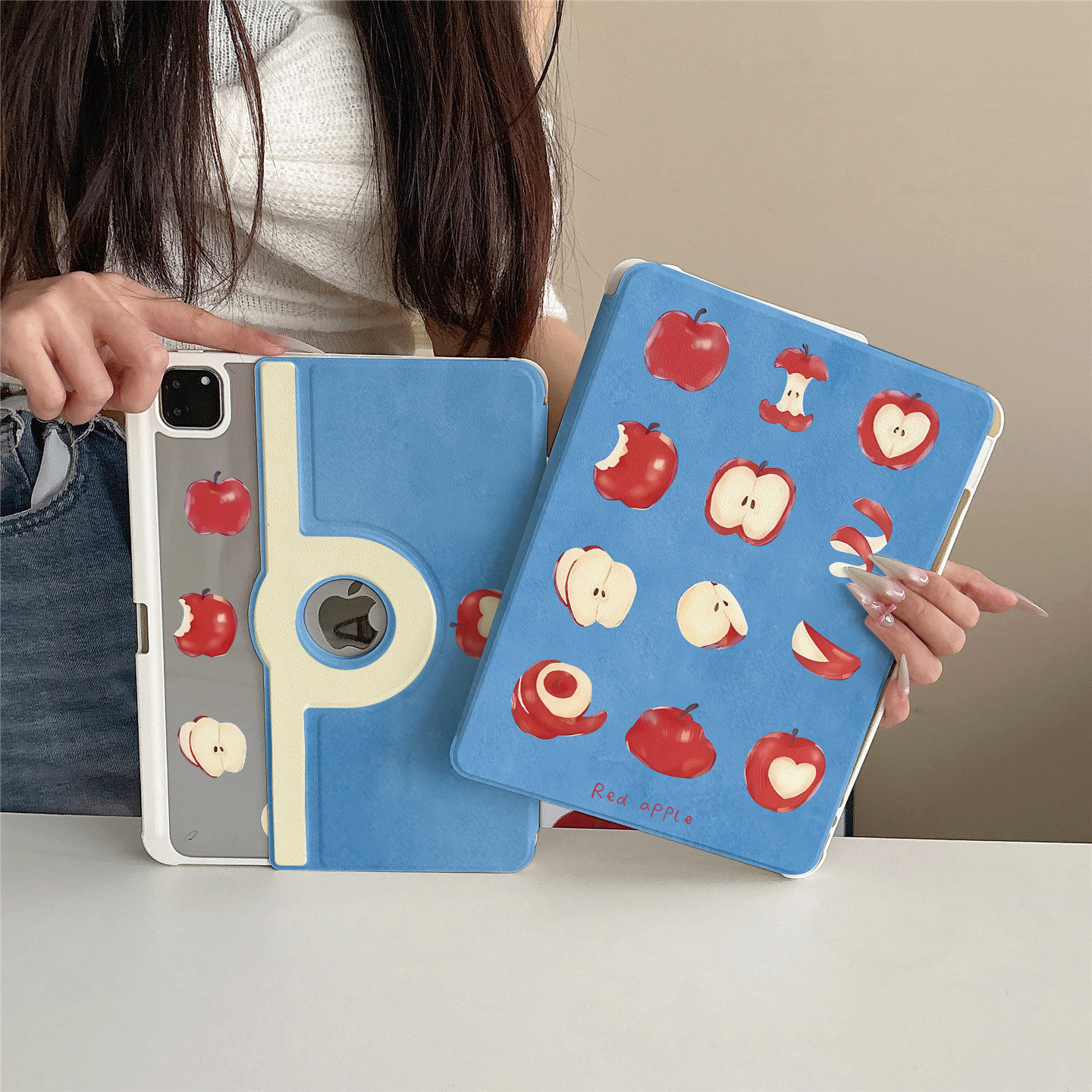简约苹果核插画360度旋转适用ipad11保护套磁吸air7/6新款ipad10带笔槽11寸防摔可拆卸苹果平板保护套mini7女