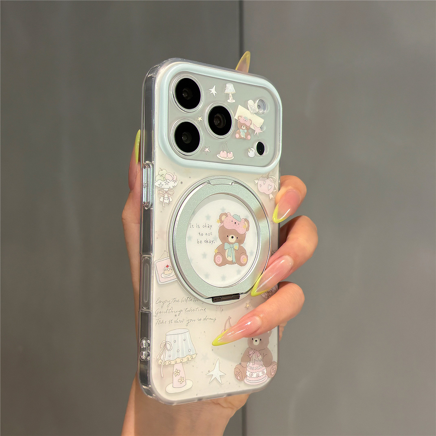 日韩磨砂卡通可爱蛋糕小熊360°旋转支架适用苹果18promax手机壳iPhone17pro女新款16pro超好看15防摔保护套