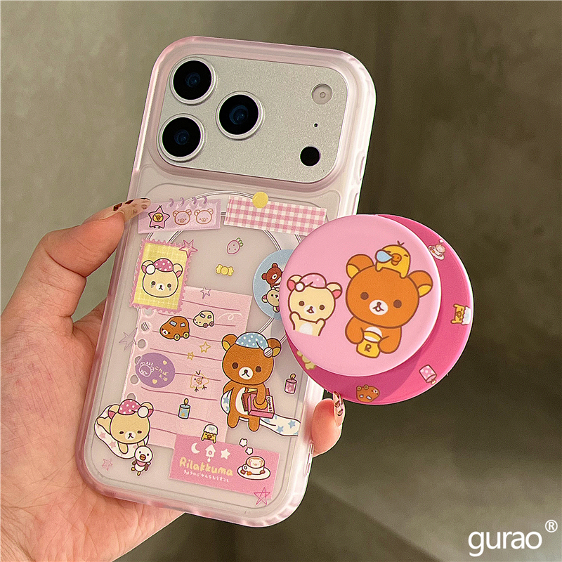 超可爱卡通睡衣轻松熊磁吸支架适用苹果17promax手机壳iphone16女新款15磨砂肤感17pro防摔16pro保护套14网红