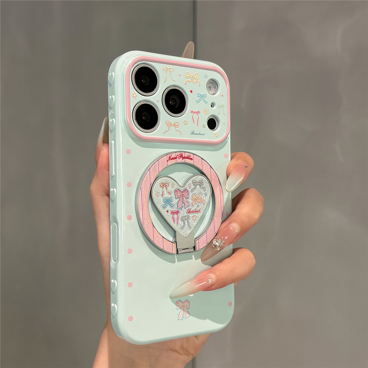 清新冰蓝色彩色蝴蝶结磁吸折叠支架适用苹果17promax手机壳iPhone17pro亚克力16pro女新款15全包防摔14保护套