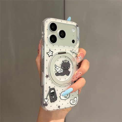 ins卡通波点天使猫咪360旋转支架适用苹果17promax手机壳iphone17pro新款16pro网红超火15pro双层防摔保护套