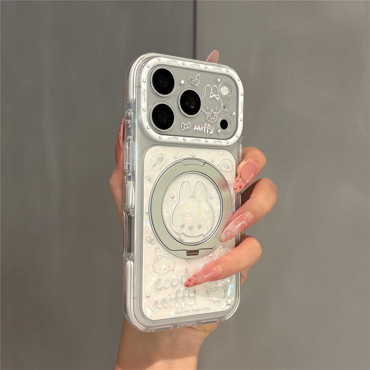 卡通贝壳纹米菲兔360旋转支架适用苹果18promax手机壳iphone17pro女新款16pro超好看独特15pro创意防摔保护套