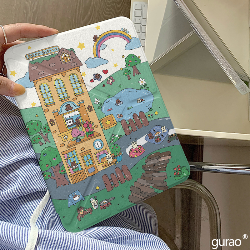 卡通梦幻漫画小熊房屋Y+三折适用ipad11保护套air7/6新款ipad10笔槽11寸防摔10.2/10.9苹果平板保护套mini7女