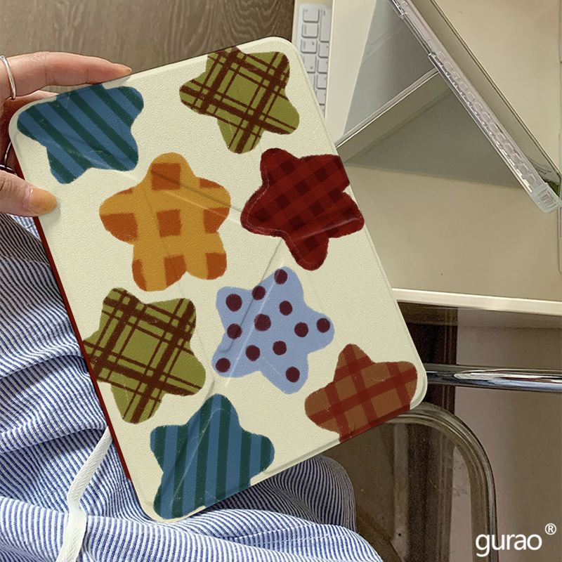 韩系格纹波点五角星Y+三折适用ipad11保护套air7/6新款ipad10带笔槽11寸防摔10.2/10.9苹果平板保护套mini7女