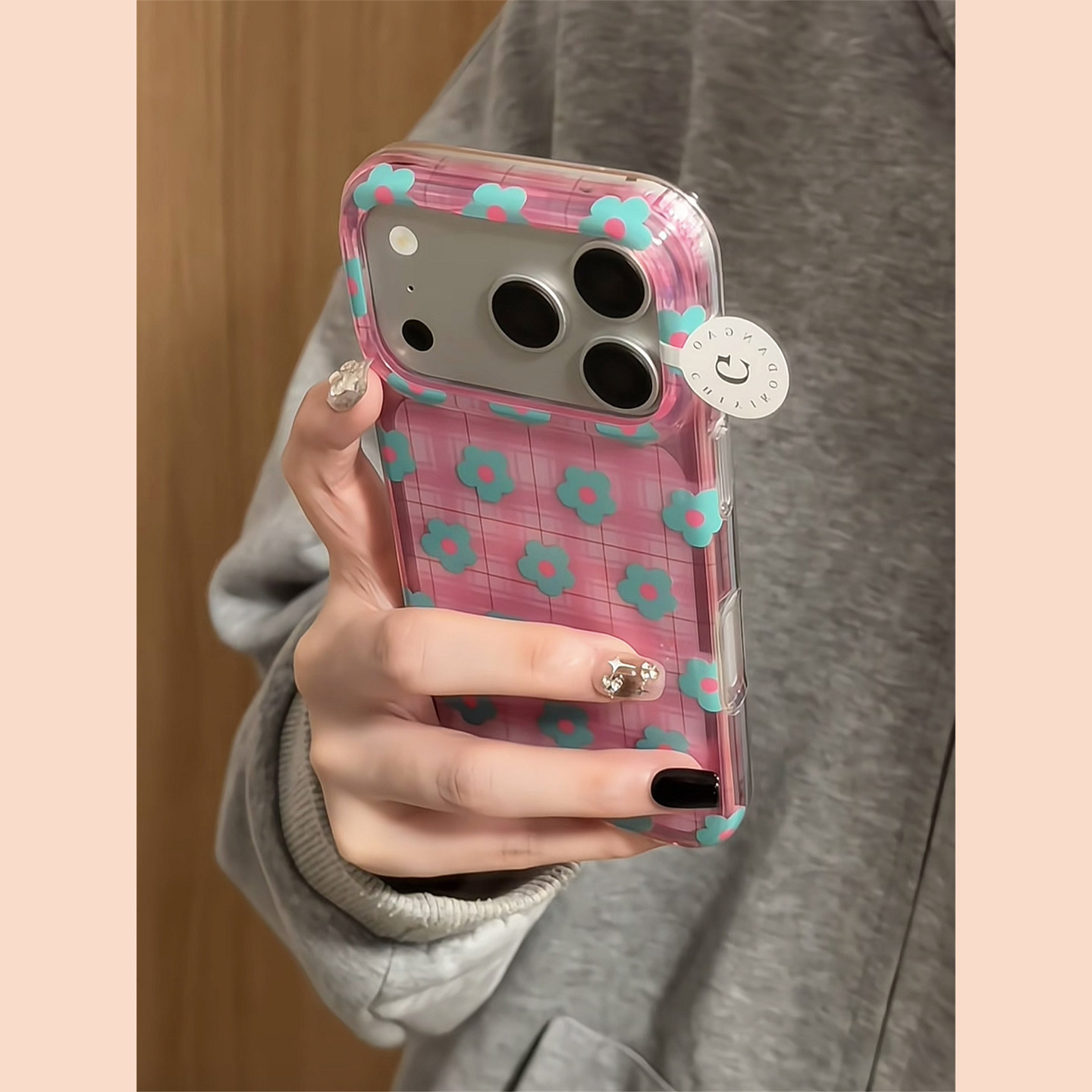韩系ins格纹绿色花朵适用苹果18promax手机壳iphone17pro新款16pro网红超火15pro超好看独特17创意防摔保护套图片