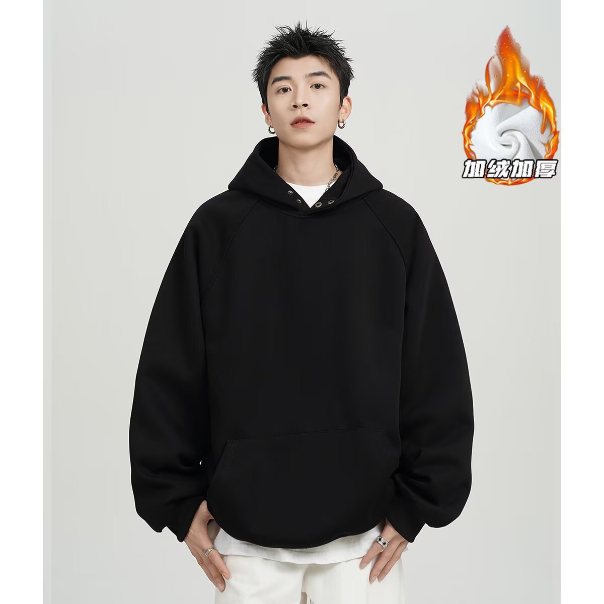 美式重磅纽扣连帽卫衣男女秋冬季潮流小众设计感加绒加厚百搭外套