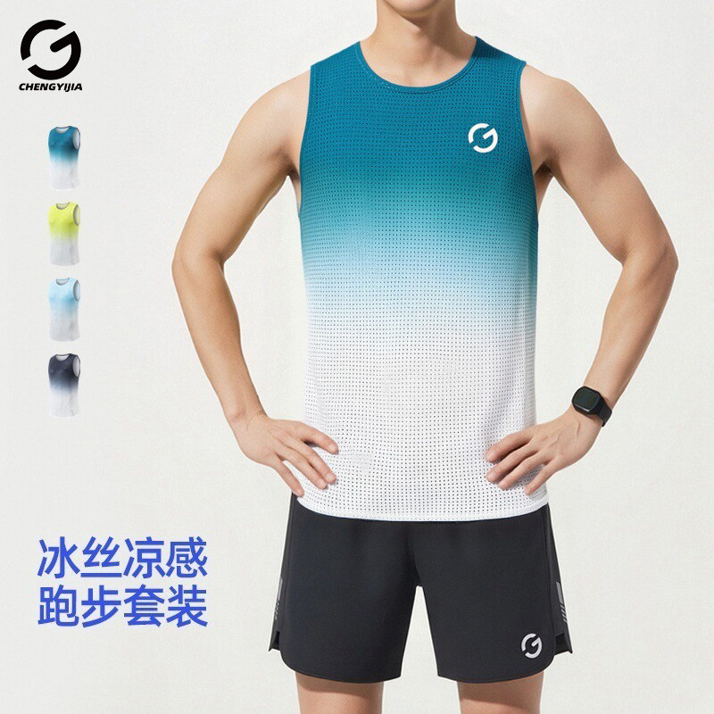 橙义家男夏速干跑步运动套装图片