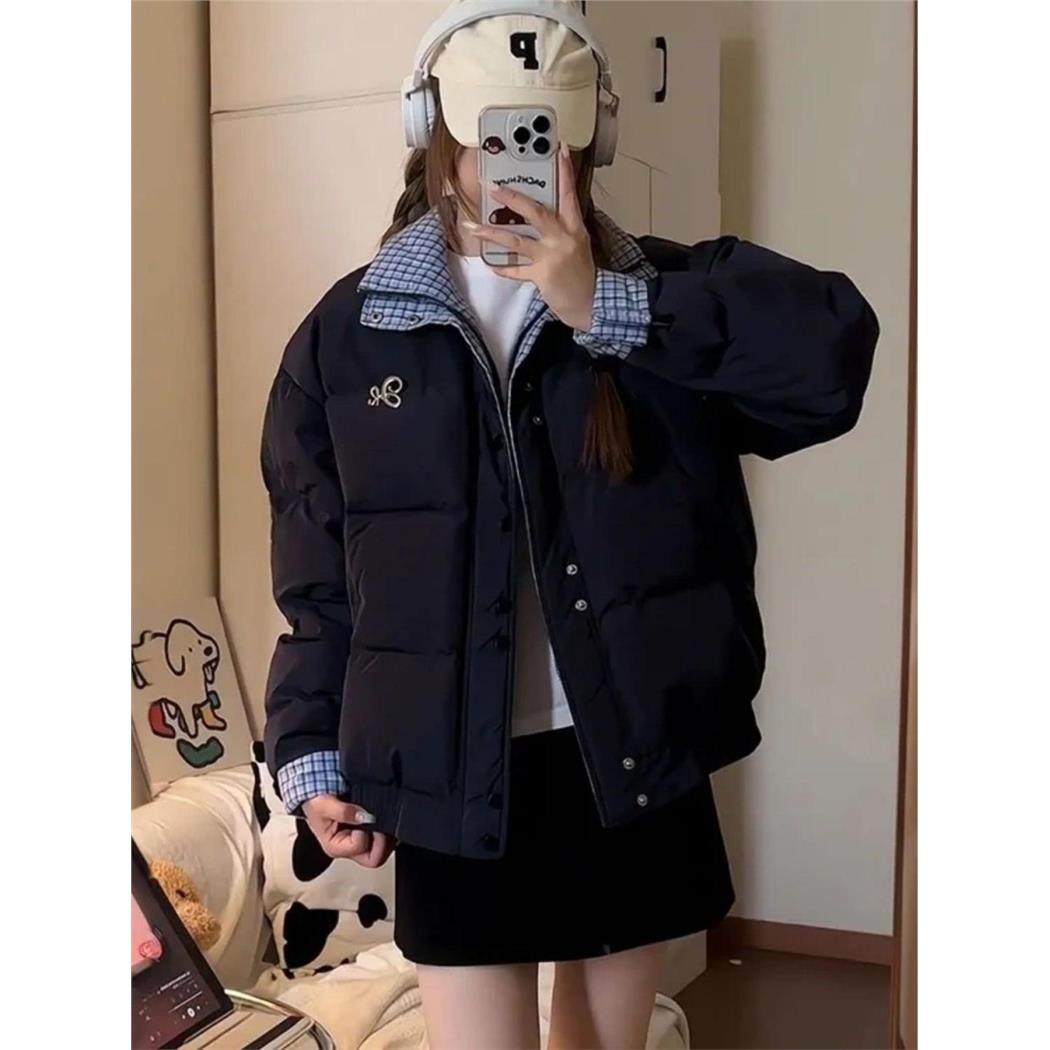 美式复古蓝色格纹拼接防寒外套棉服女学生冬季藏青色宽松保暖棉衣
