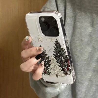 刺绣雪花松树适用一加15/13手机壳OnePlus1+ACE6/5至尊竞速版12/11插画ace3/2v卡通魅族21/LUCKY08大孔白底套