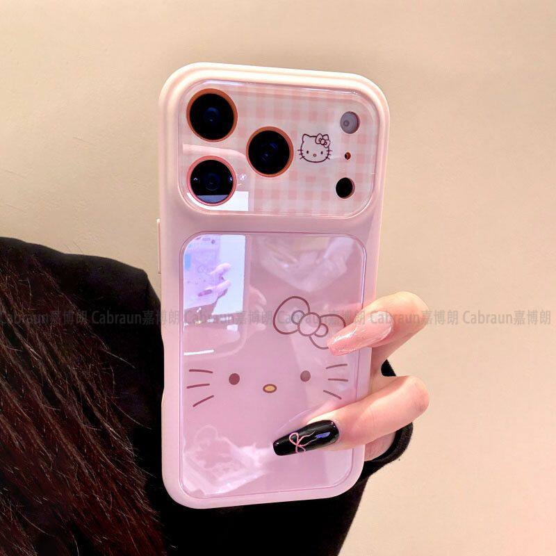 少女心粉格纹猫咪适用苹果17Pro手机壳十七六液态双贴壳iPhone16Promax平果15新款14大视窗13可爱情侣12套11