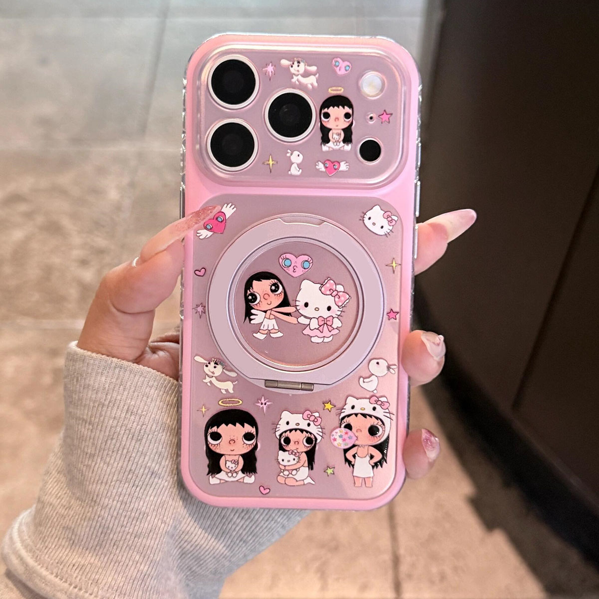 爱心女孩猫咪360支架适用苹果17PRO手机壳iphone16Promax新款15pro平果17/16大视窗磨砂镭射萌系风可爱保护套