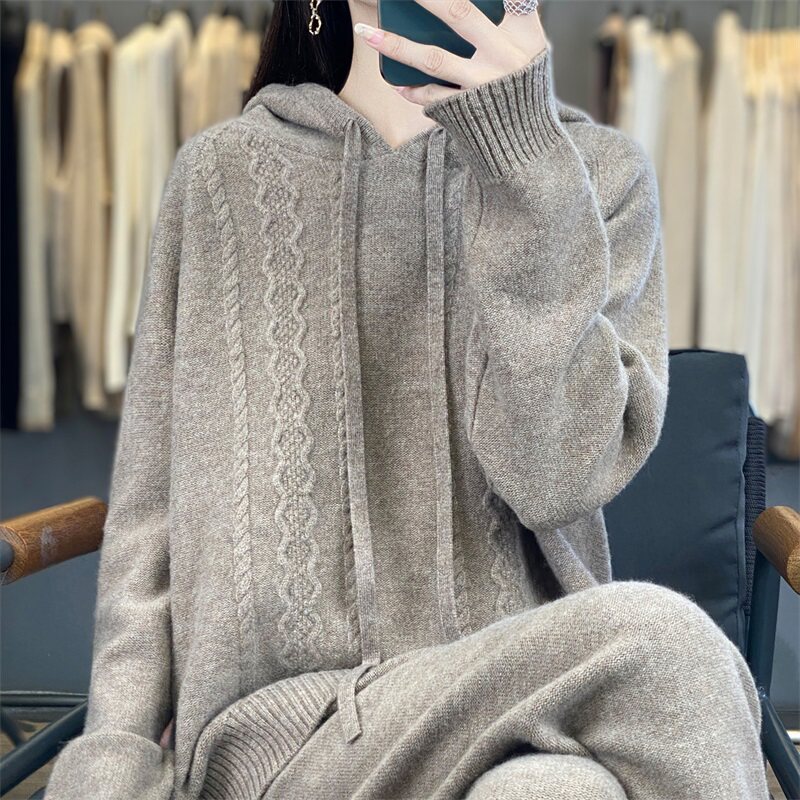 秋冬女连帽羊毛针织阔腿裤两件套