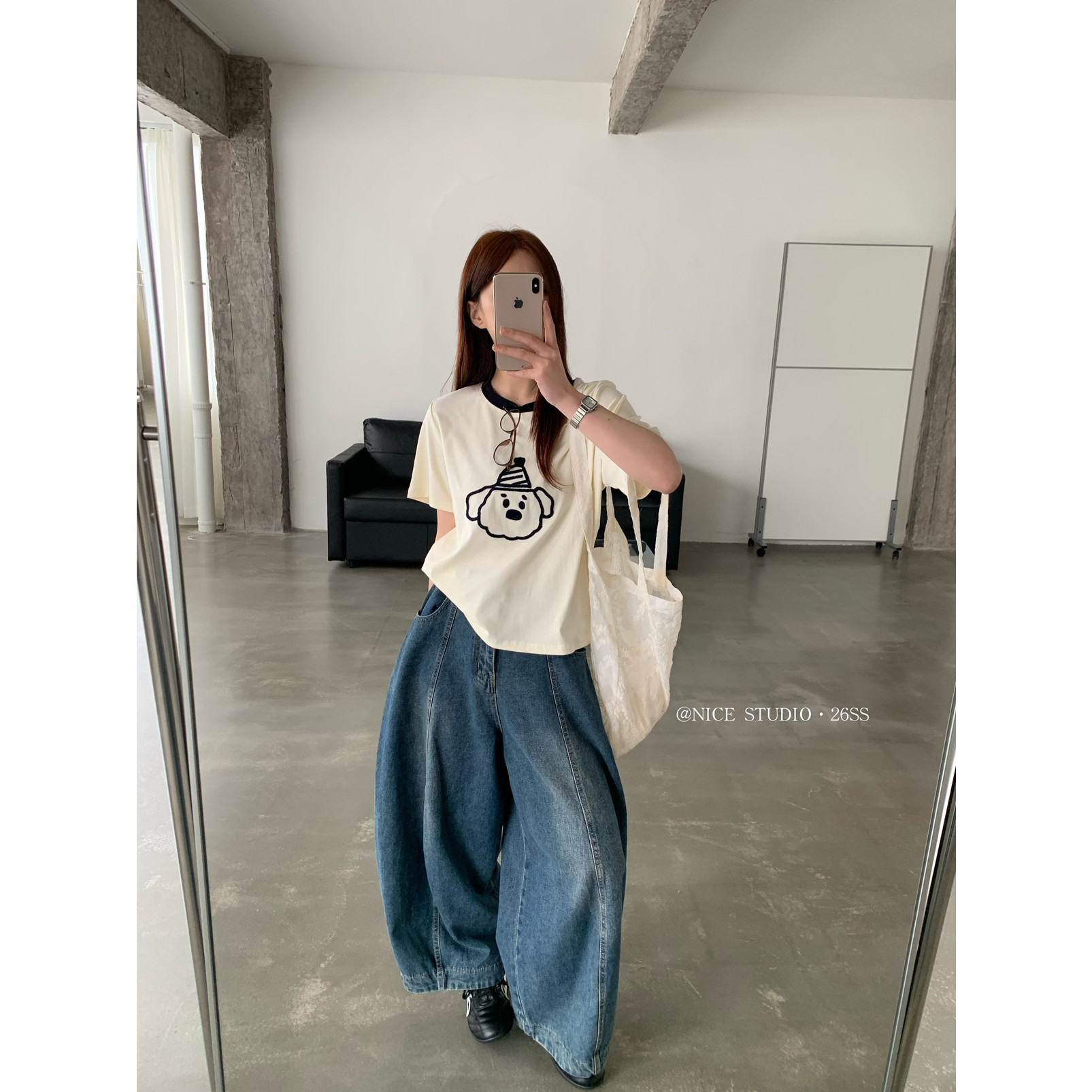 奶思家NICE STUDIO-2026春上新韩版撞色领刺绣小狗短袖T恤女L8820