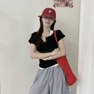 苏珊SUSAN 挂脖T恤显瘦正肩短袖上衣女2026年夏新款两件套5091S
