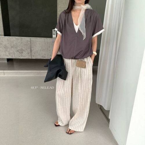 6UP夏2026韩系亚麻极简宽松条纹直筒裤女广州十三行新款休闲60533