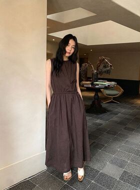 MMC亚麻抽绳收腰无袖连衣裙2026十三行韩系高腰显瘦长裙62L32019
