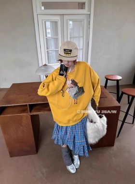 加绒版 FISHYU十三行冬季新款美式趣味袋中人印花休闲卫衣25663-1