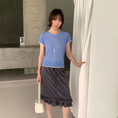 UP夏韩系简约撞色花边毛织短袖