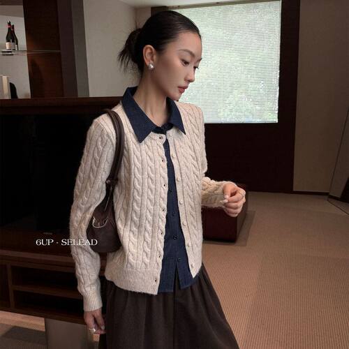 毛衣UP老钱61331假两件撞色翻领
