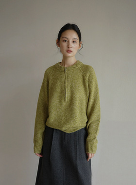 EVERTRUE 75%羊毛秋季韩版针织毛衣绿色圆领女长袖外套35287